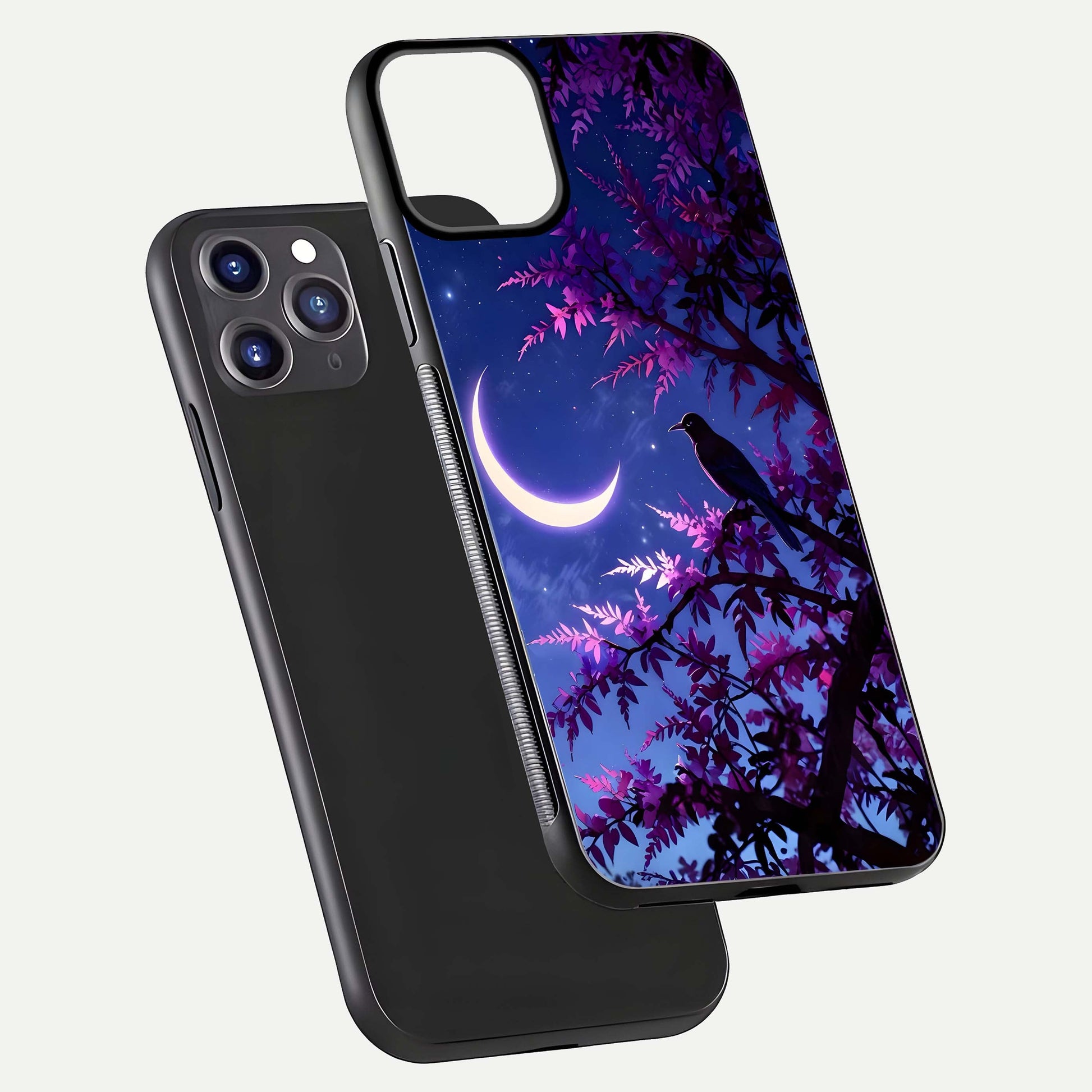 Crow & Moon Scenery Glass Case for iPhone 11 Pro Max dual-view layout displaying night sky art and curved glass edges