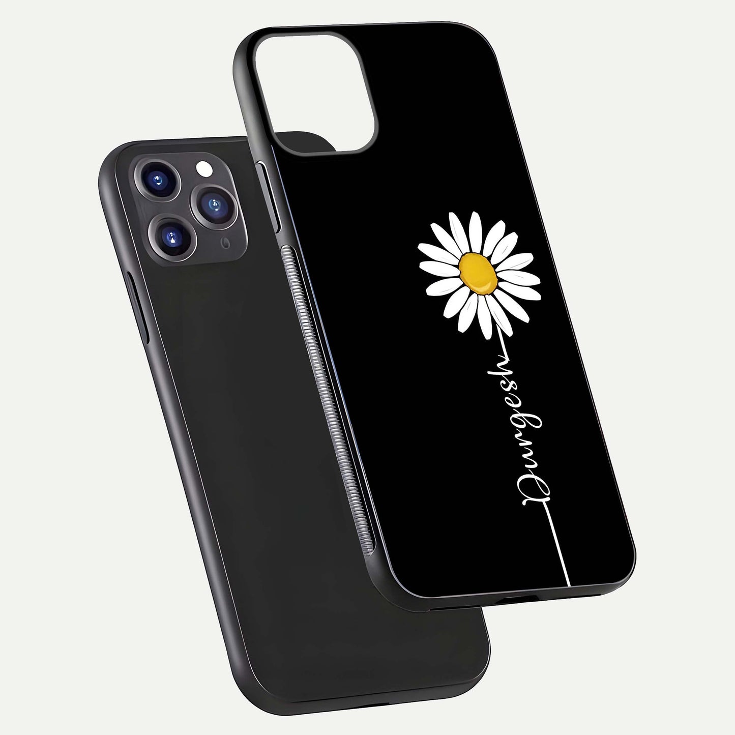 Custom Name White Flower Glass Case for iPhone 11 Pro Max dual-view layout showing elegant floral tone and curved edge finish