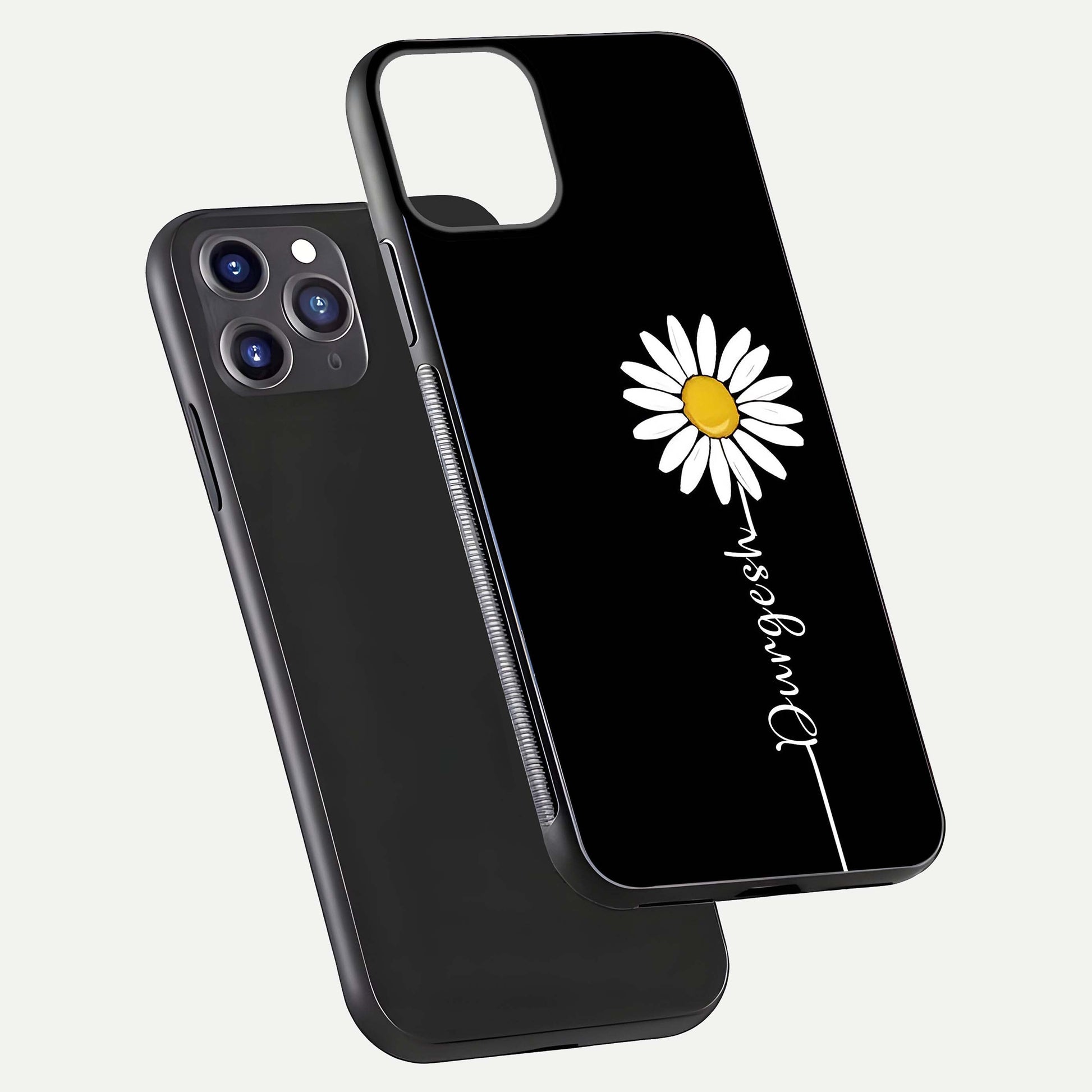 Custom Name White Flower Glass Case for iPhone 11 Pro Max dual-view layout showing elegant floral tone and curved edge finish