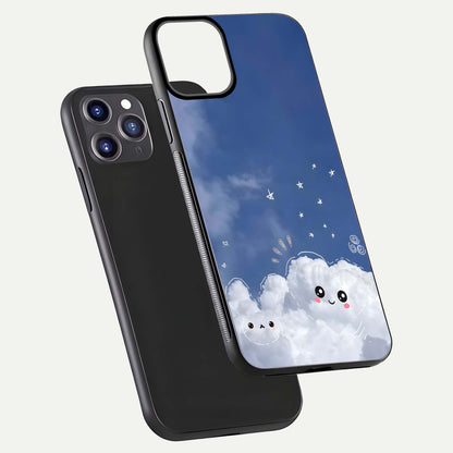 Cute Blossom Cloud Glass Case for iPhone 11 Pro Max dual-view layout displaying cute floral clouds and polished edge