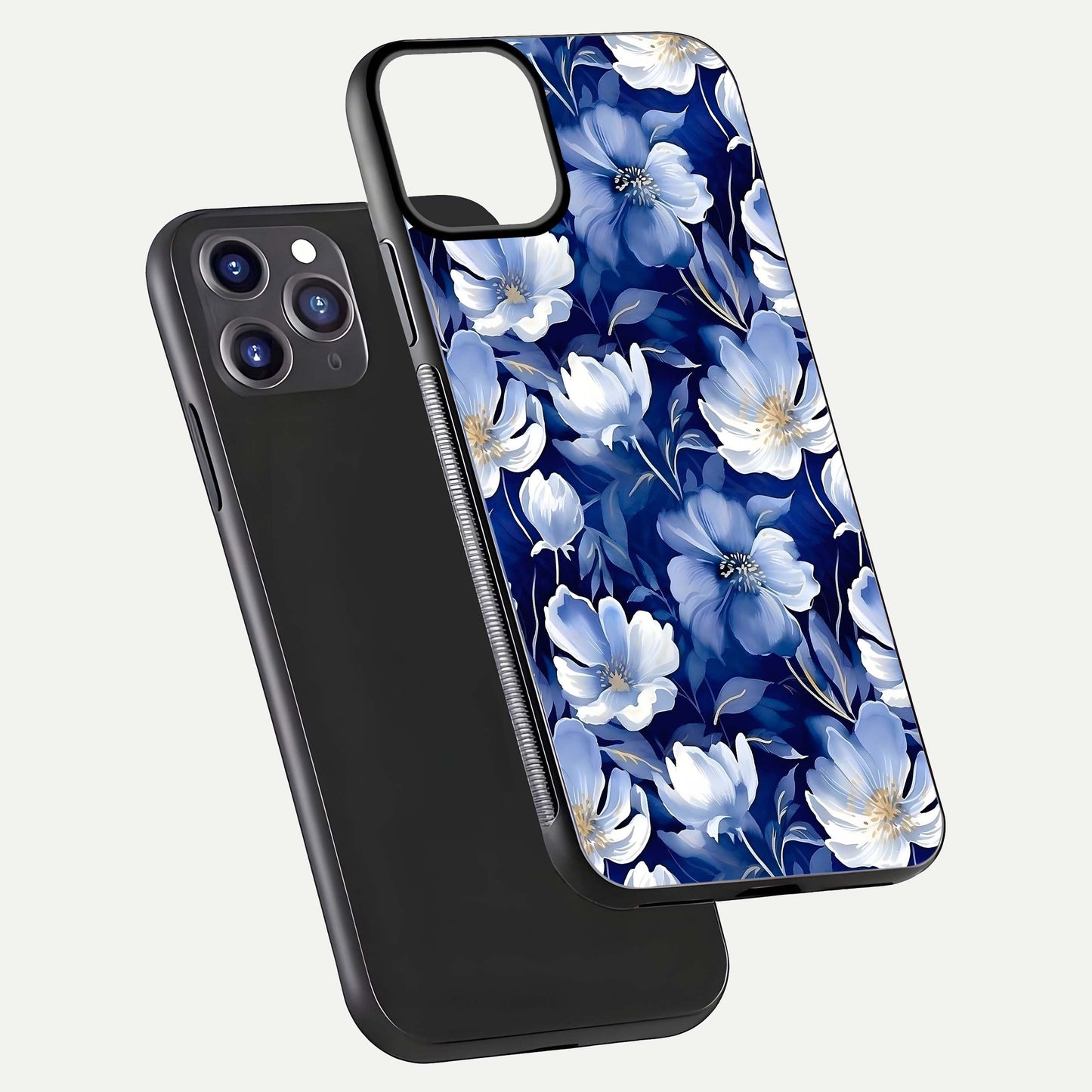 Cute Floral Patterns Glass Case for iPhone 11 Pro Max dual-view layout displaying HD floral print and curved edges