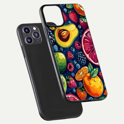 Cute Fruits Art Glass Case for iPhone 11 Pro Max dual-view layout displaying playful tones and curved design
