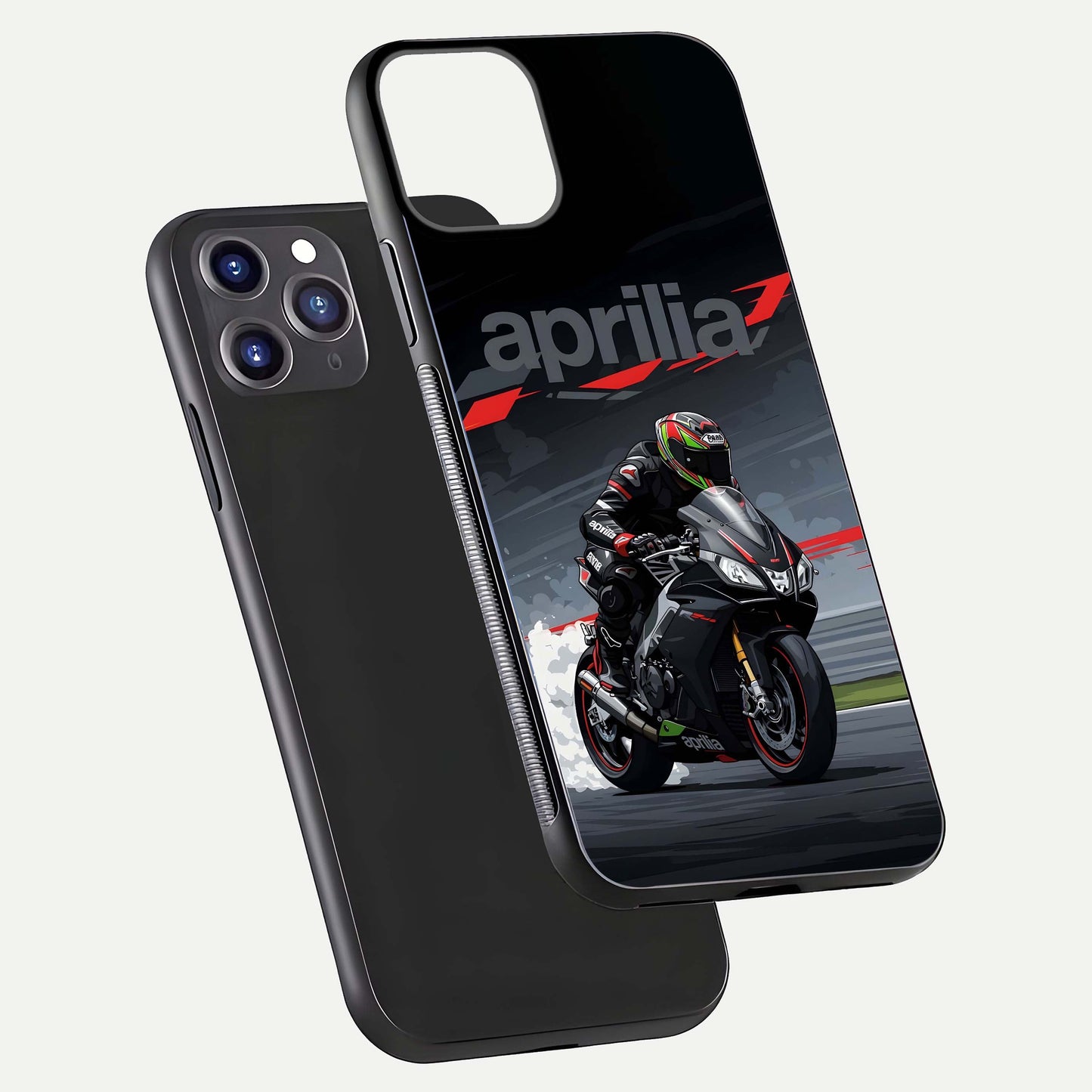 Dark Aprilla Glass Case for iPhone 11 Pro Max dual-view layout displaying sleek racing look and HD shine
