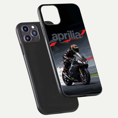 Dark Aprilla Glass Case for iPhone 11 Pro Max dual-view layout displaying sleek racing look and HD shine