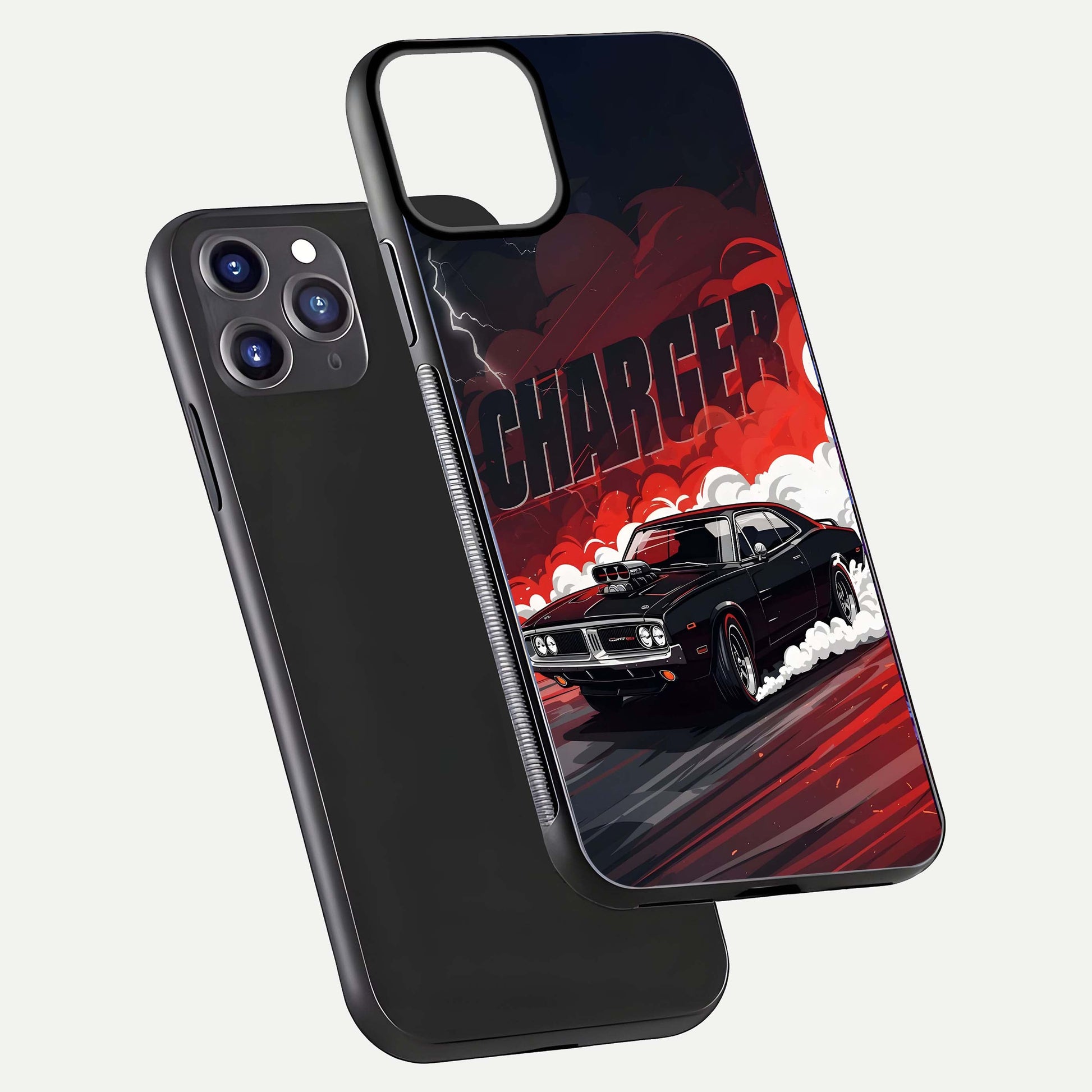 Dark Charger Fury Glass Case for iPhone 11 Pro Max dual-view layout displaying HD design and polished edges