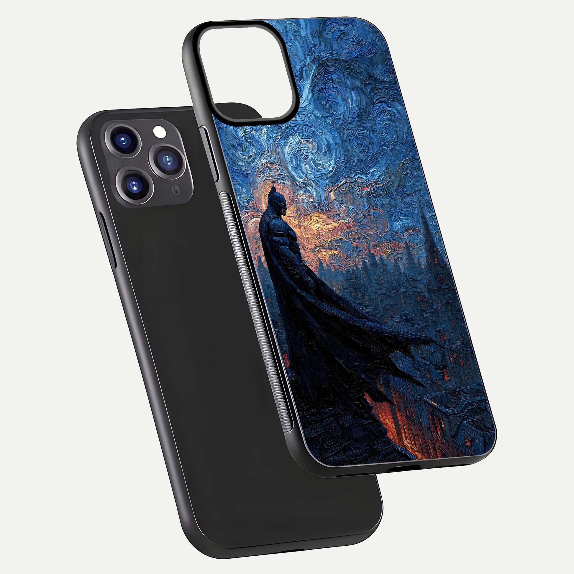Dark Knight Dusk Glass Case for iPhone 11 Pro Max dual-view layout displaying HD hero print and curved glass edges