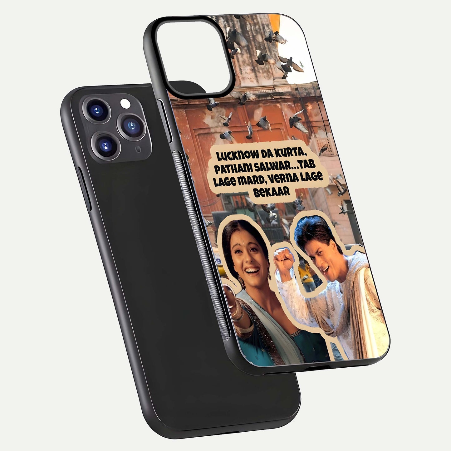 Desi Retro Vibes Glass Case for iPhone 11 Pro Max dual-view layout showing nostalgic design and smooth glass curve