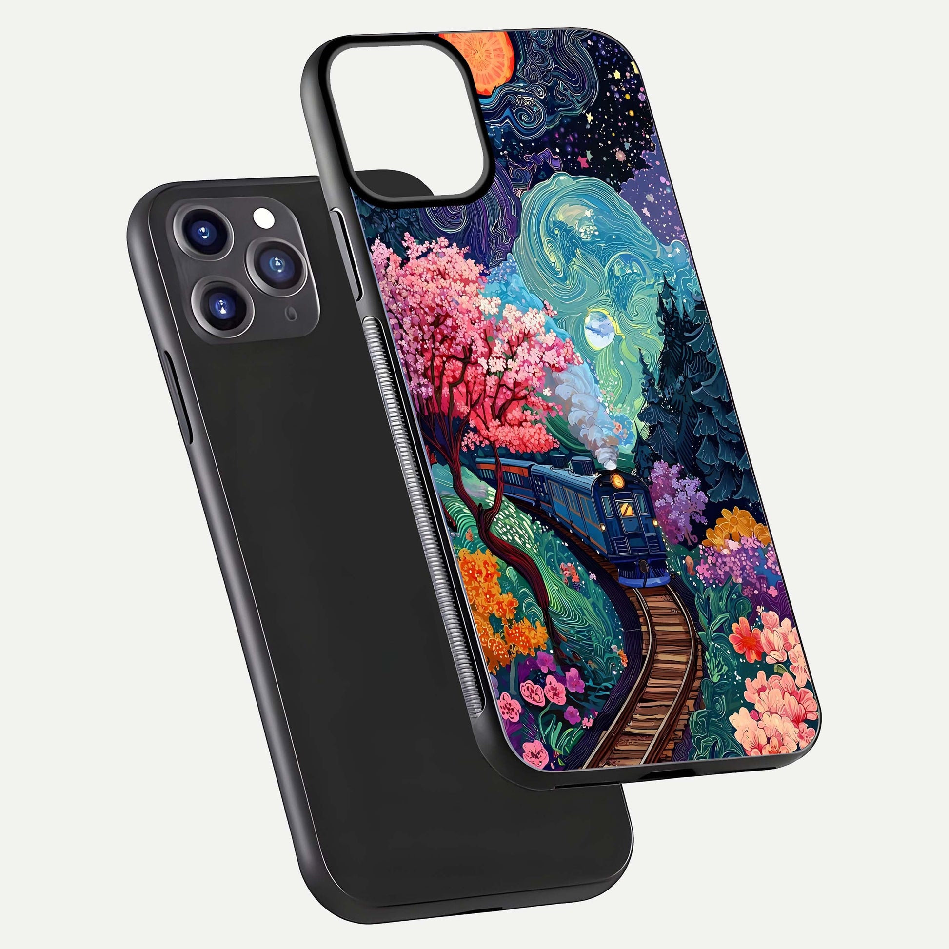 Digital Art Glass Case for iPhone 11 Pro Max dual-view layout displaying artistic tones and curved glass edge