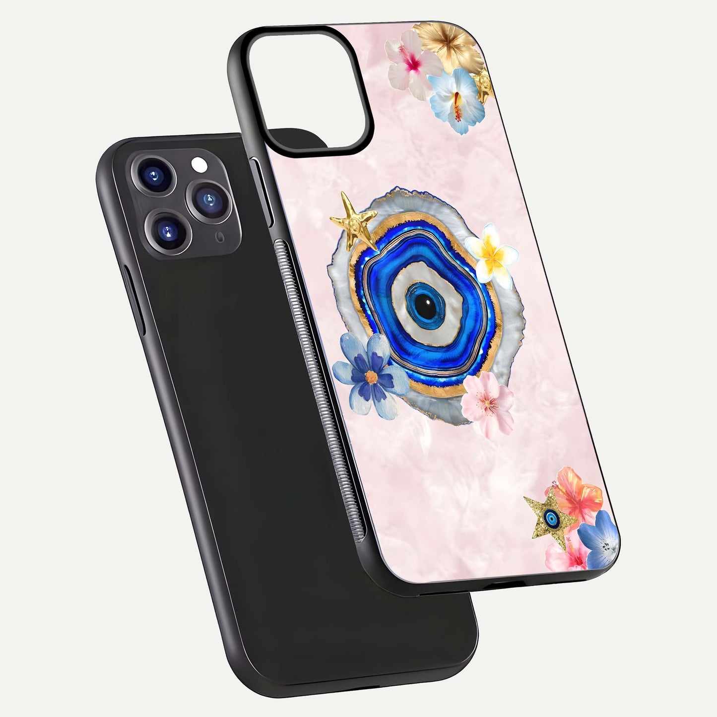 Divine Aura Bloom Glass Case for iPhone 11 Pro Max dual-view layout displaying divine color tones and smooth edges