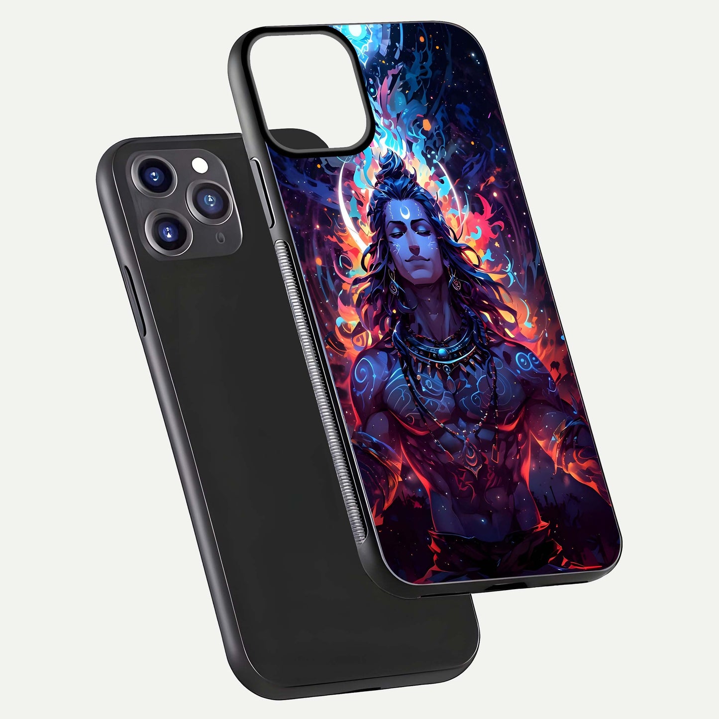 Divine Fire Shiv Glass Case for iPhone 11 Pro Max dual-view layout displaying HD deity print and curved edges