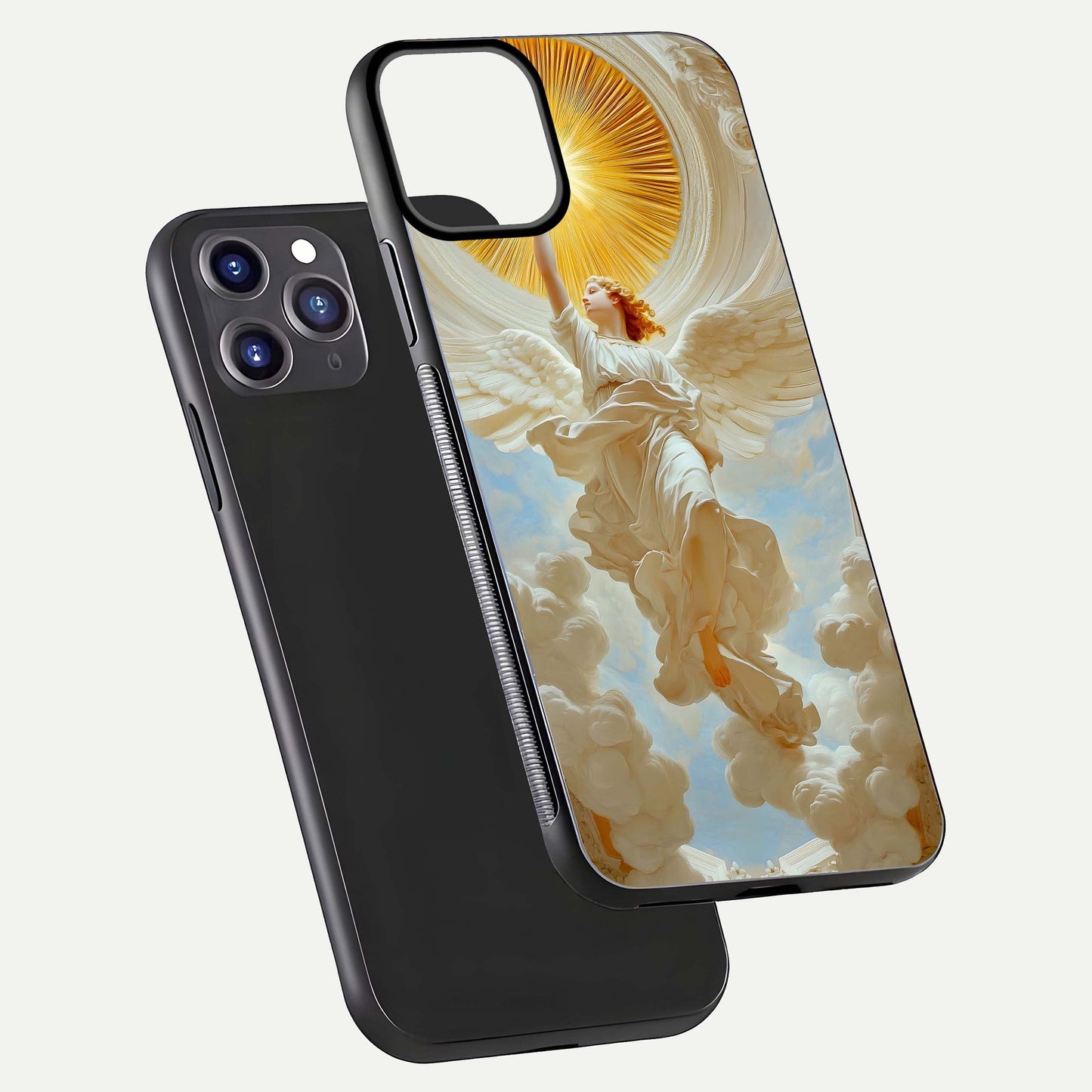 Divine Light Angel Glass Case for iPhone 11 Pro Max dual-view layout displaying celestial tones and smooth curves