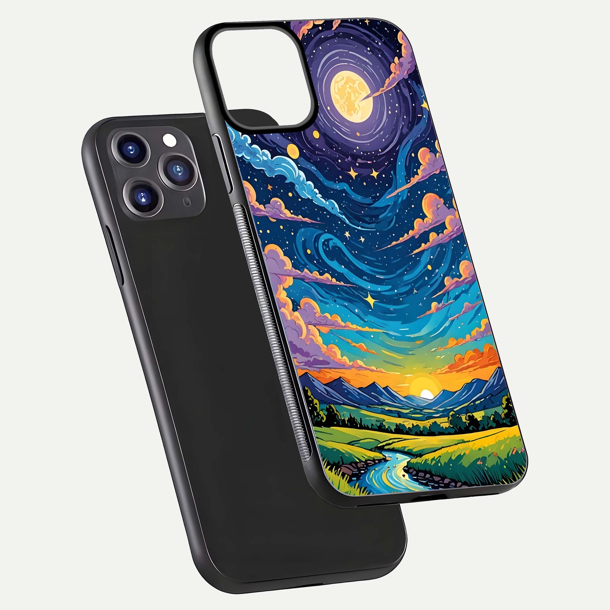 Dreamy Night Landscape Glass Case for iPhone 11 Pro Max dual-view layout displaying HD print and curved glass edges