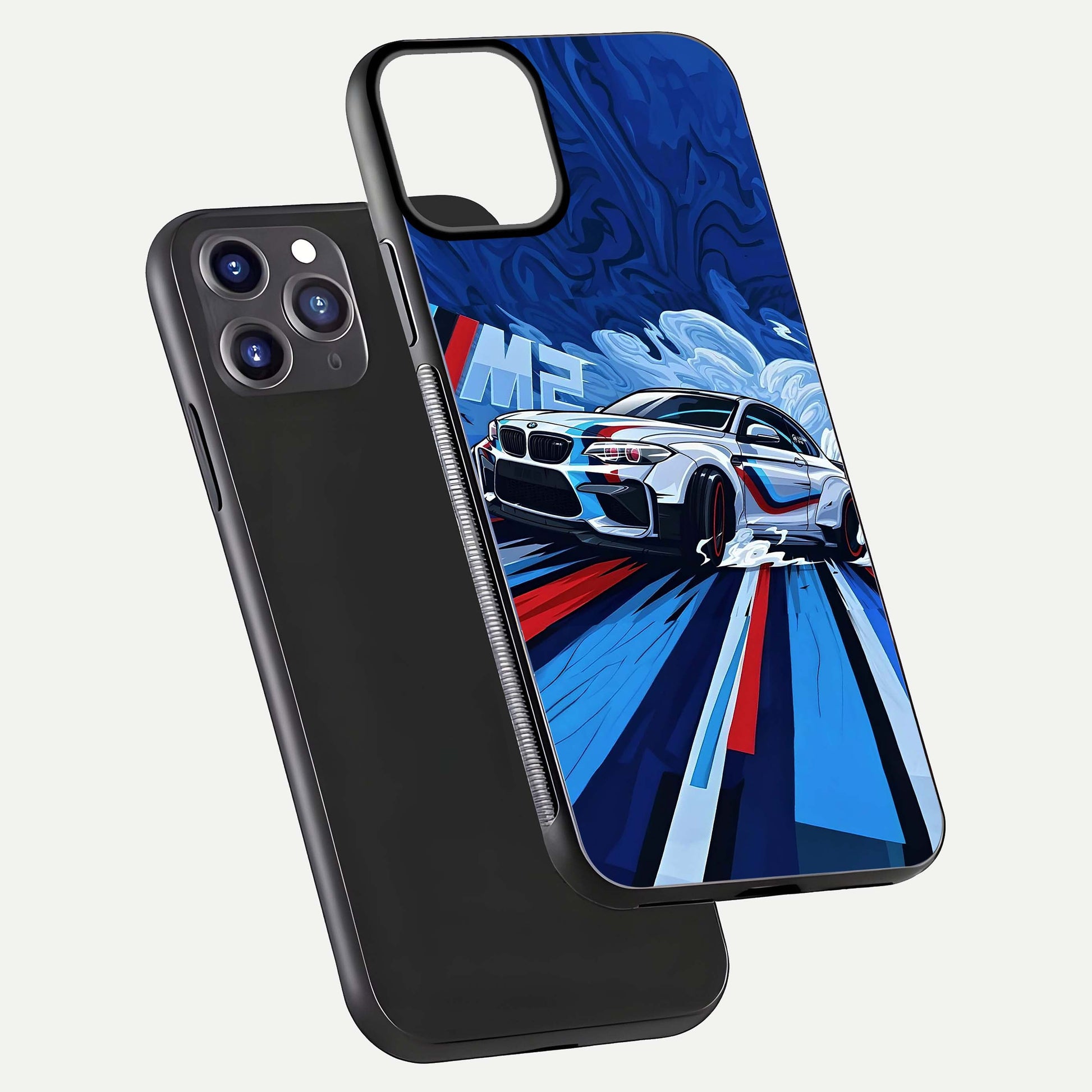 Drift Power Rush Glass Case for iPhone 11 Pro Max dual-view layout displaying dynamic motion art and HD gloss