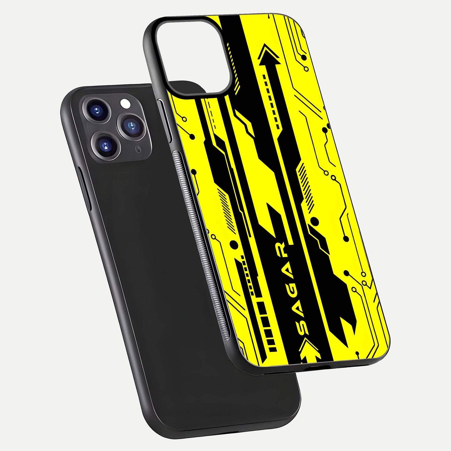 Electric Pulse CYBERPUNK Custom Name Glass Case for iPhone 11 Pro Max dual-view layout displaying futuristic hues and curved glass edges