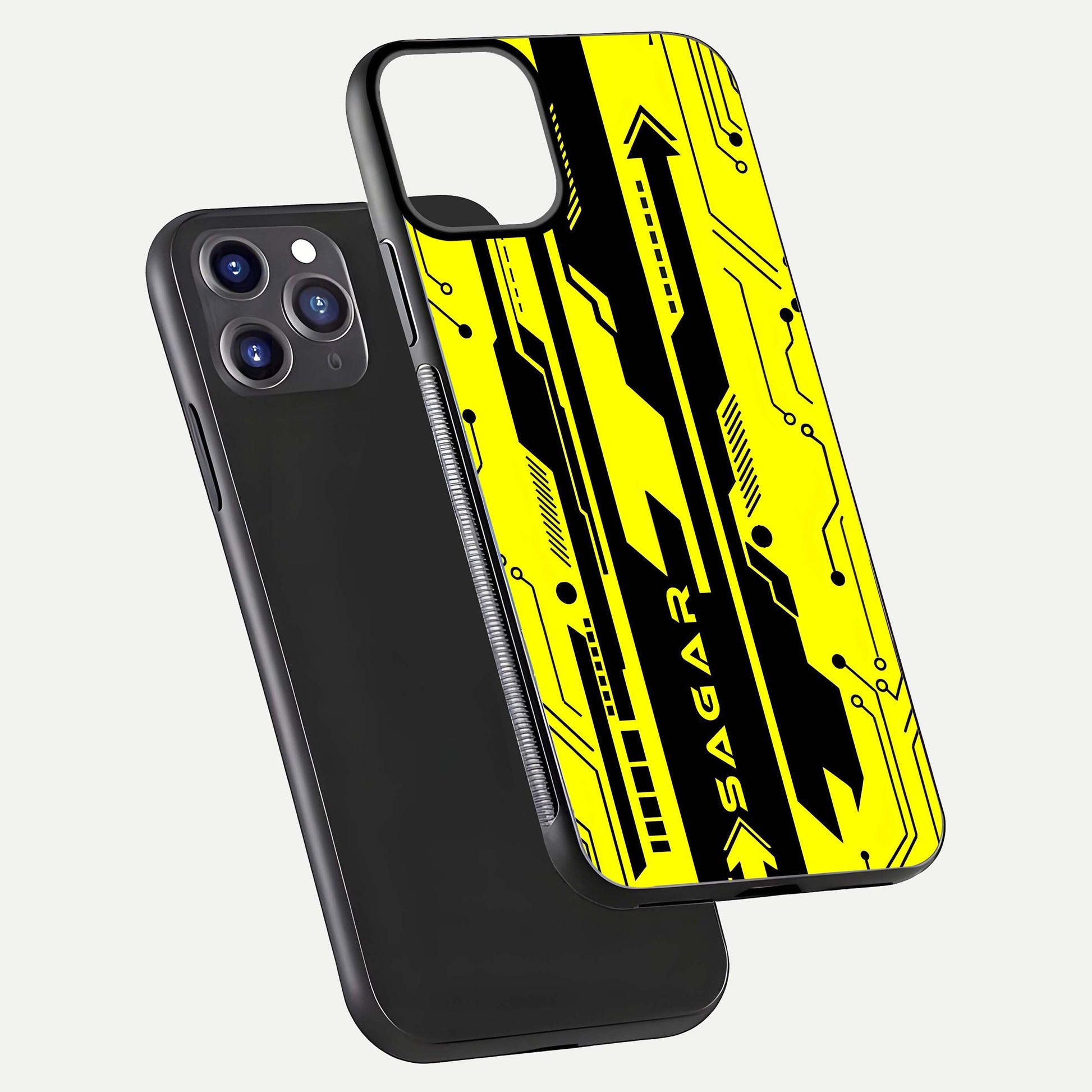 Electric Pulse CYBERPUNK Custom Name Glass Case for iPhone 11 Pro Max dual-view layout displaying futuristic hues and curved glass edges