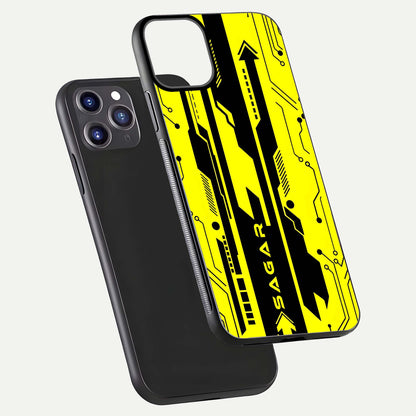 Electric Pulse CYBERPUNK Custom Name Glass Case for iPhone 11 Pro Max dual-view layout displaying futuristic hues and curved glass edges