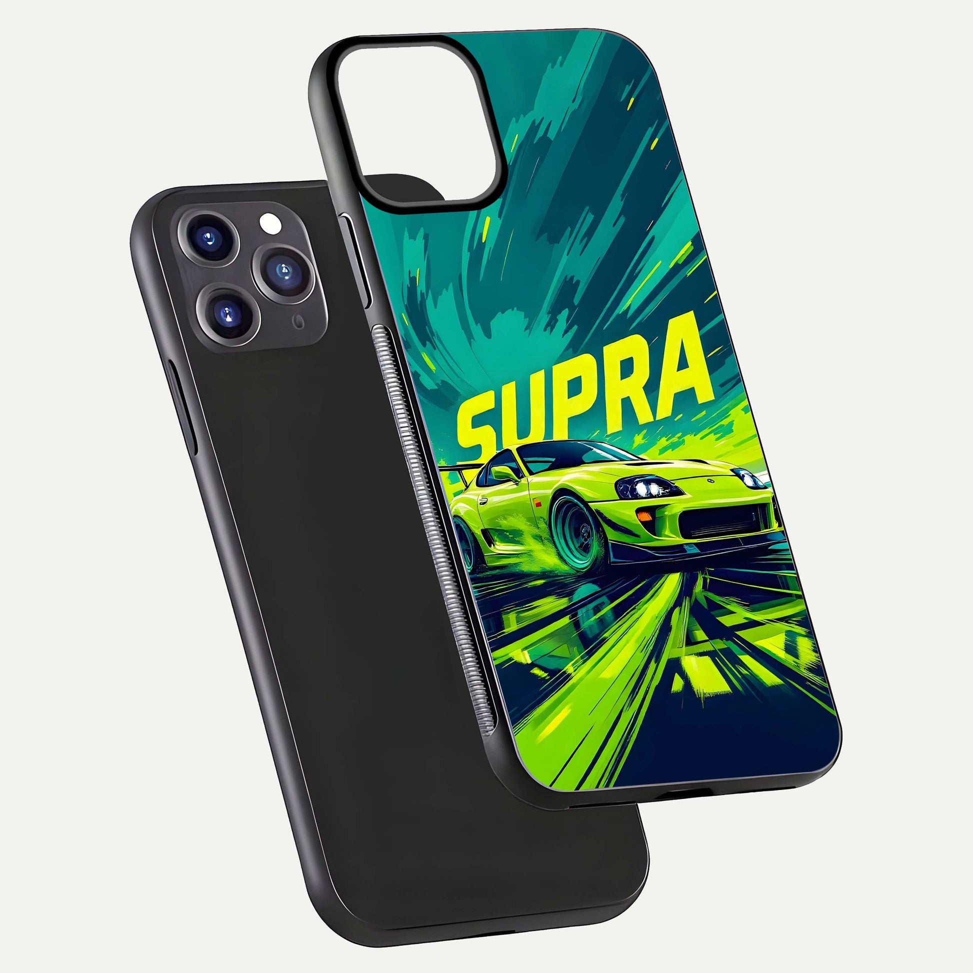 Electric Supra Thunder Glass Case for iPhone 11 Pro Max dual-view layout displaying dynamic motion art and curved finish