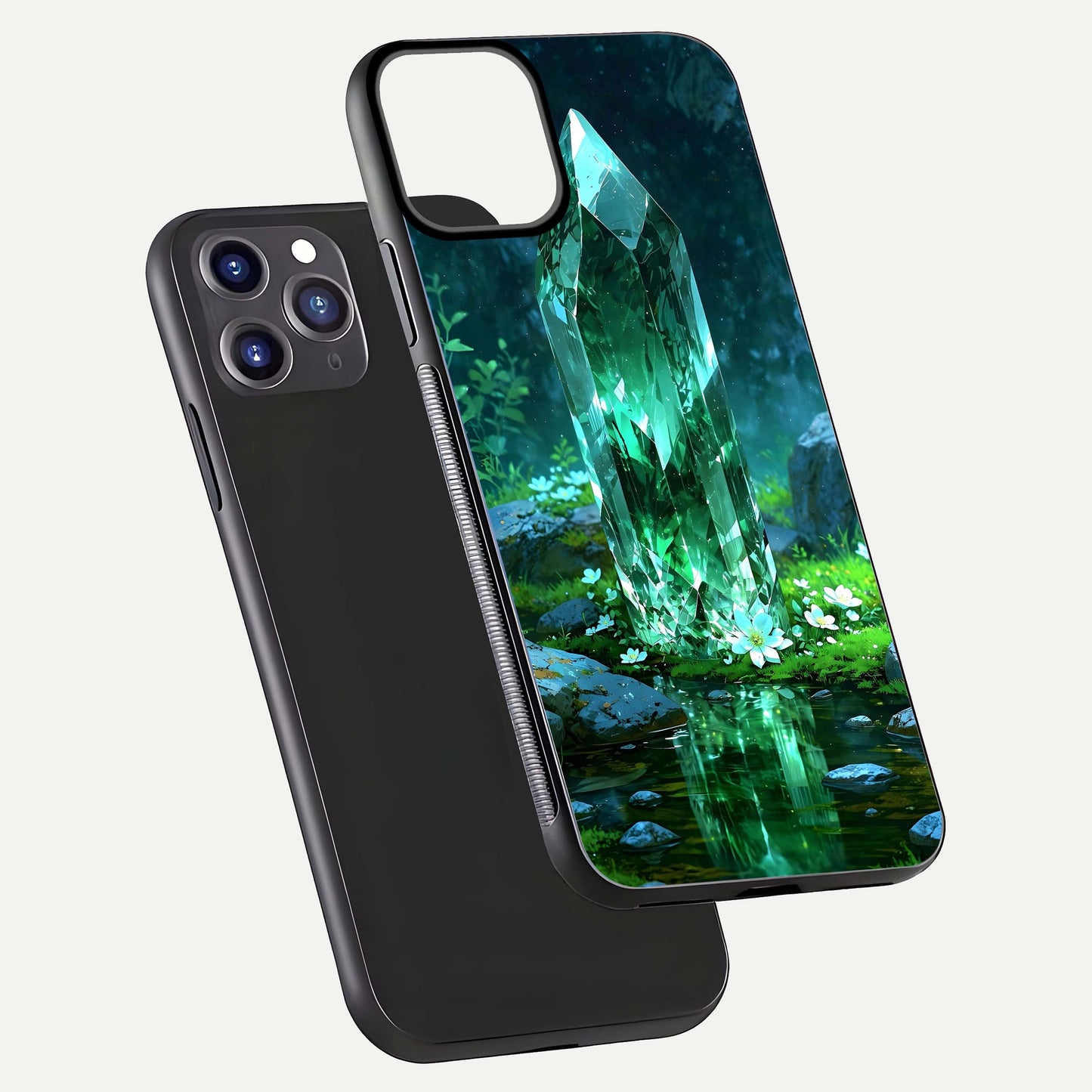 Emerald Light Crystal Glass Case for iPhone 11 Pro Max dual-view layout displaying gem-like tones and polished edge