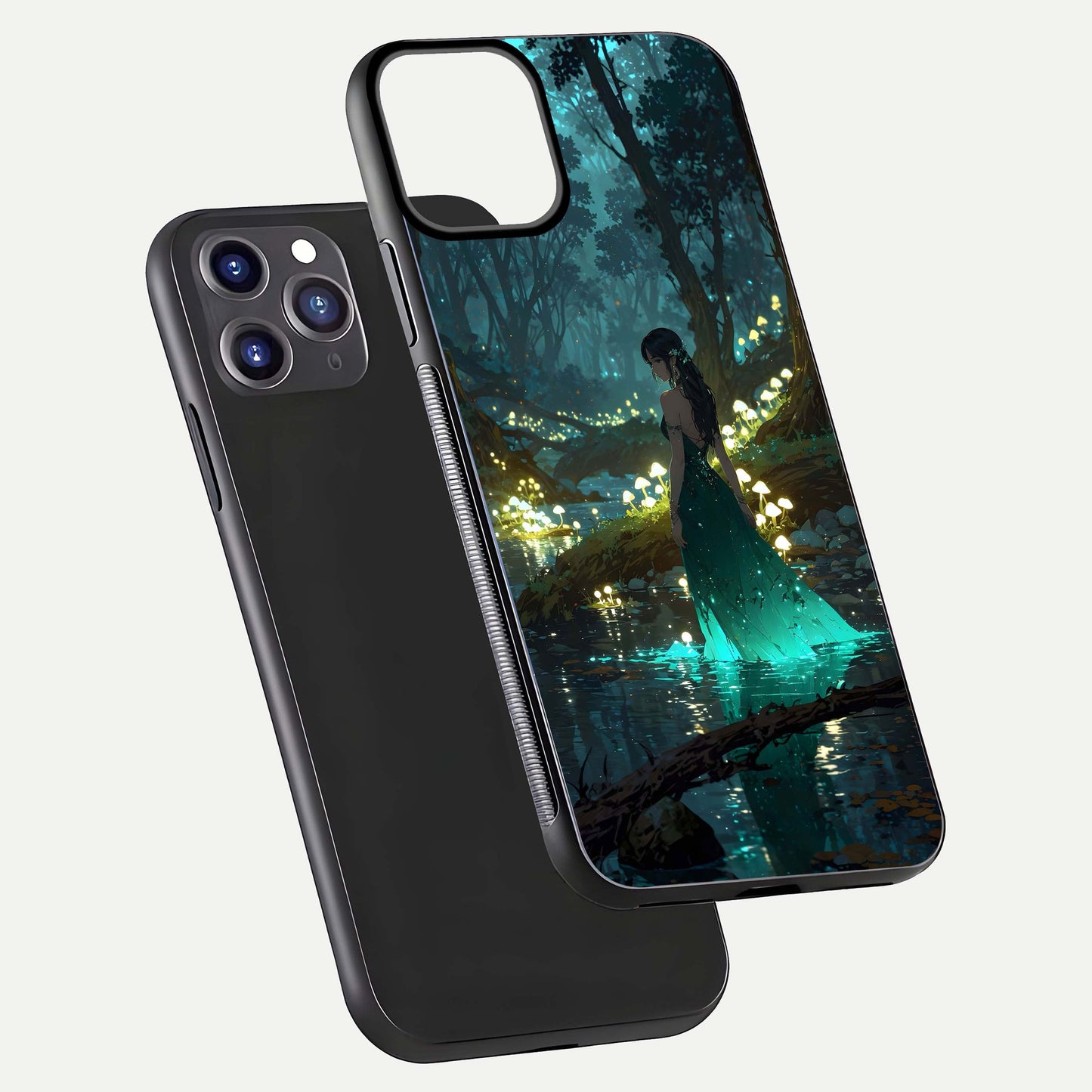 Enchanted Forest Glow Glass Case for iPhone 11 Pro Max dual-view layout displaying green tones and smooth glass