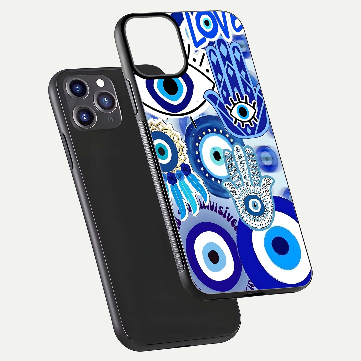 Evil Eyes Dream Glass Case for iPhone 11 Pro Max dual-view layout displaying spiritual motif and polished curved edge