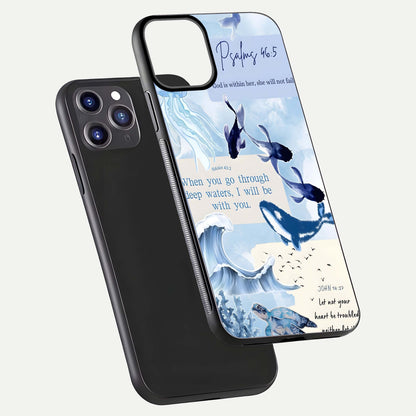 Faithful Ocean Promise Glass Case for iPhone 11 Pro Max dual-view layout showing sea horizon art and curved polish
