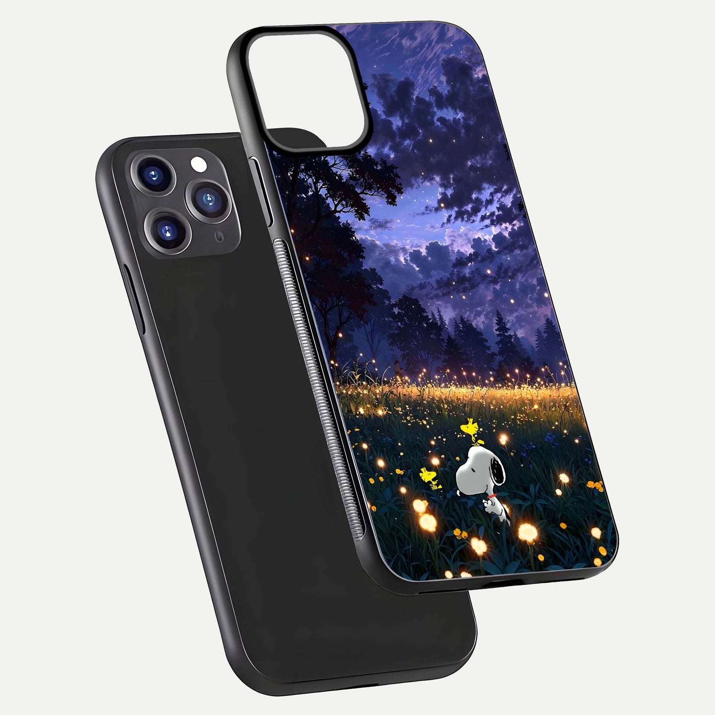 Firefly Meadow Magic Glass Case for iPhone 11 Pro Max dual-view layout displaying enchanting tones and curved edges