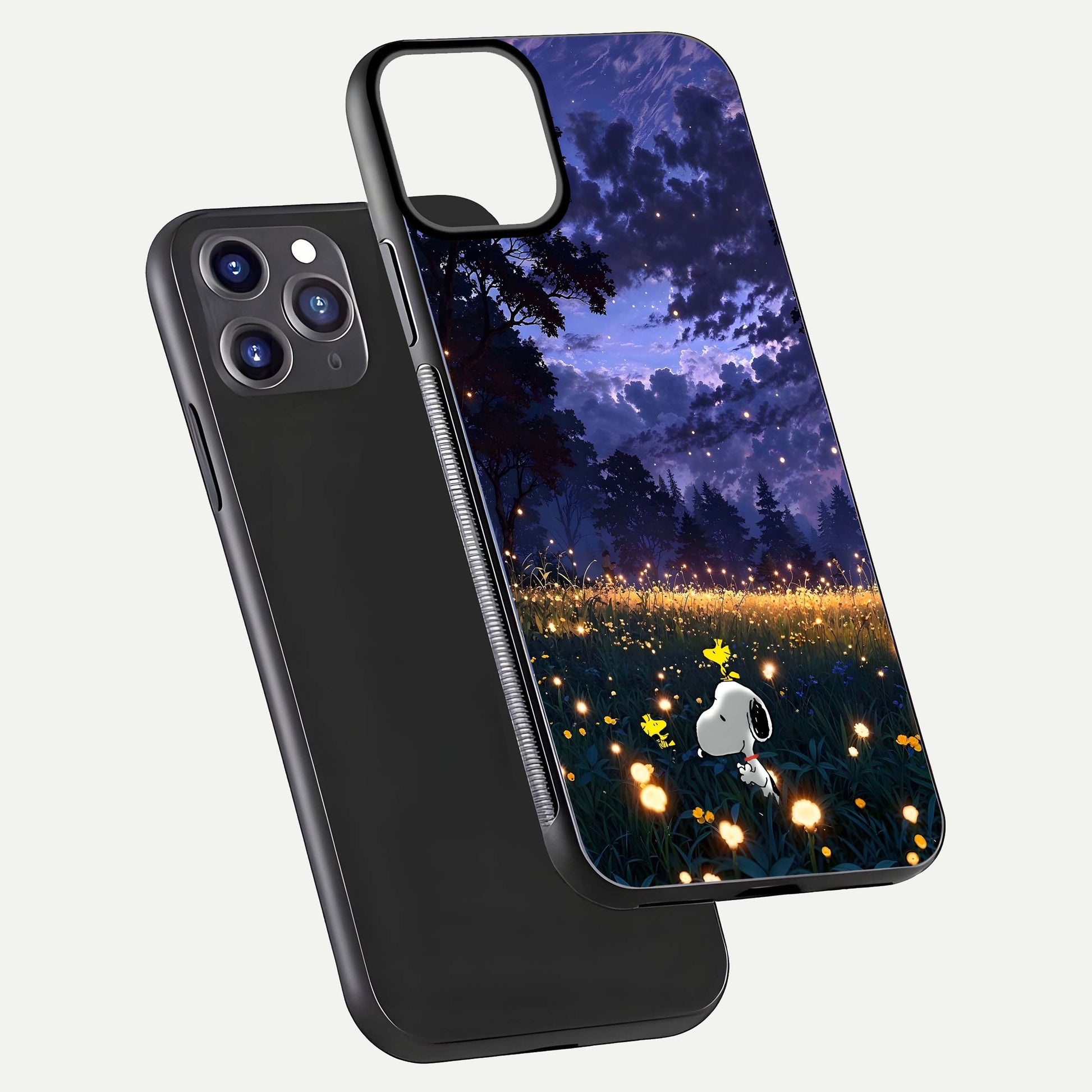Firefly Meadow Magic Glass Case for iPhone 11 Pro Max dual-view layout displaying enchanting tones and curved edges
