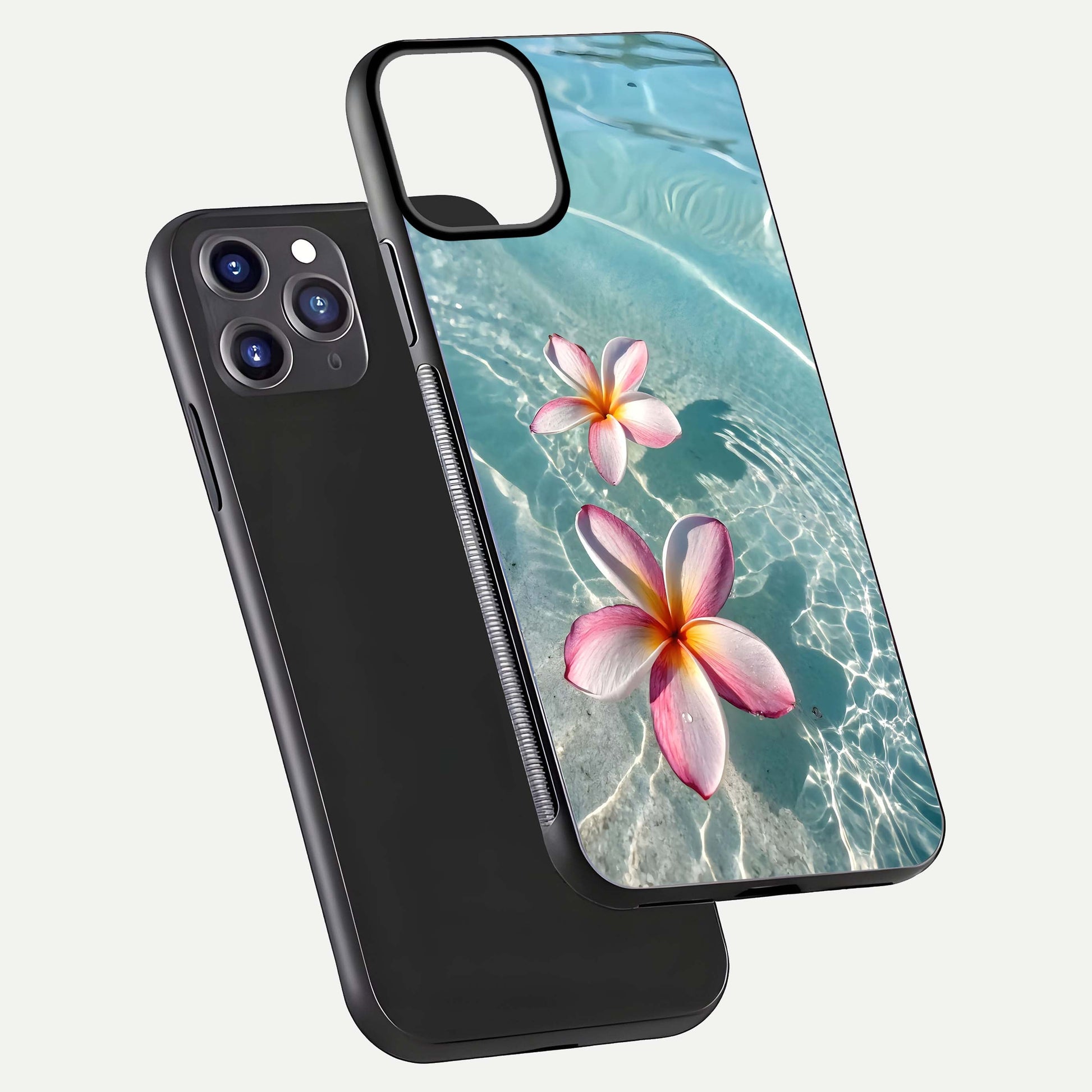 Floating Bloom Bliss Glass Case for iPhone 11 Pro Max dual-view layout displaying soft pastel flowers and curved glass