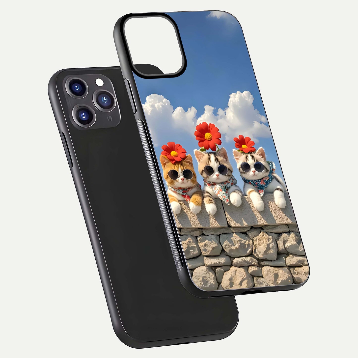 Floral Kitty Squad Glass Case for iPhone 11 Pro Max dual-view layout displaying vibrant tones and smooth edges