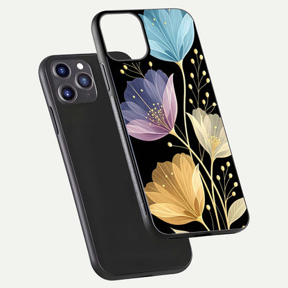 Flower Bloom Glow Glass Case for iPhone 11 Pro Max dual-view layout displaying petal tones and curved glass edge