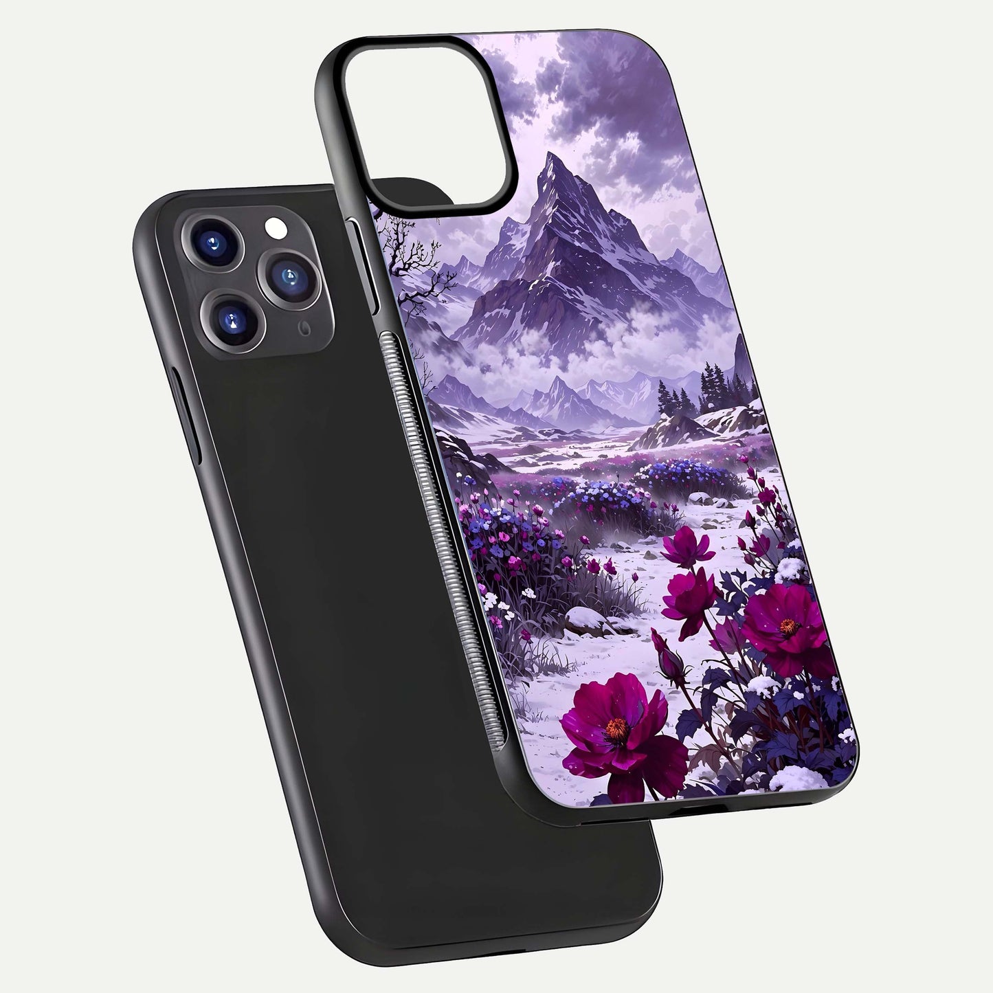 Flower Mountain View Glass Case for iPhone 11 Pro Max dual-view layout displaying scenic tones and curved glass finish