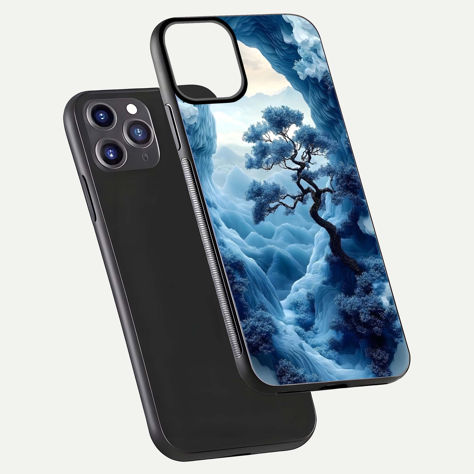 Frozen Serenity Gate Glass Case for iPhone 11 Pro Max dual-view layout displaying winter theme and smooth curves