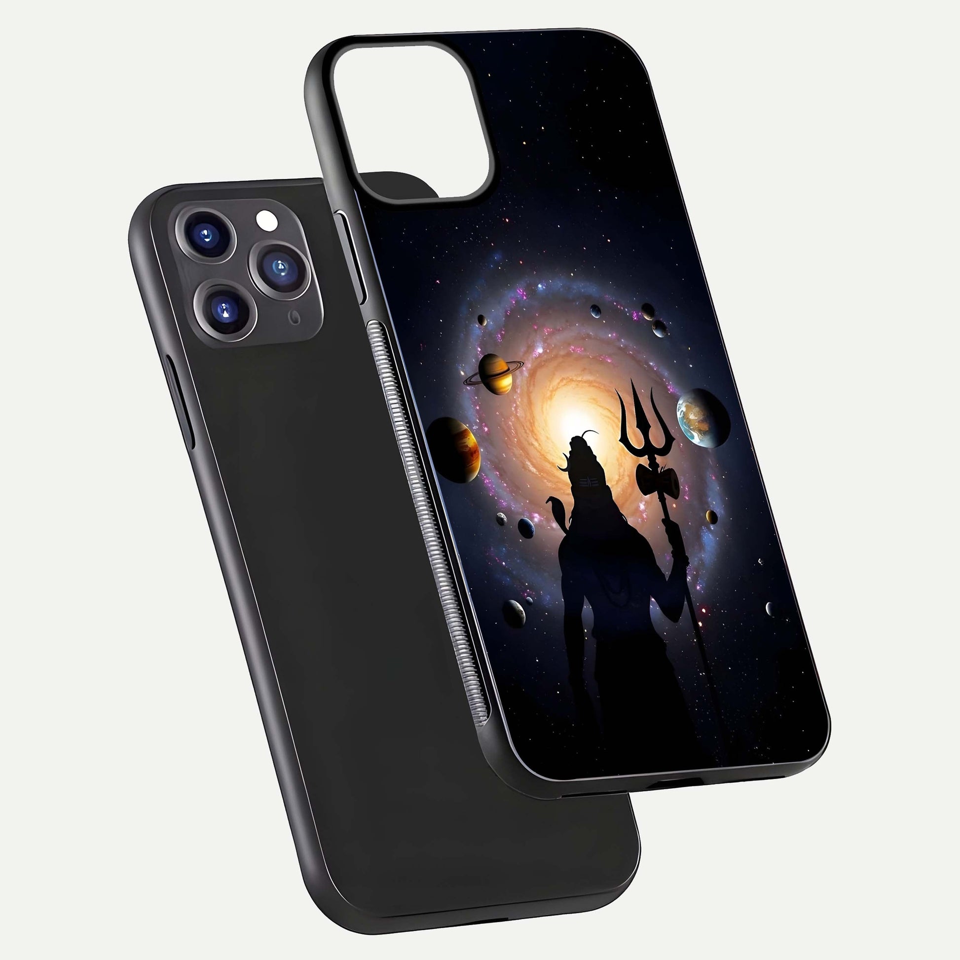 Galactic Shiva Vision Glass Case for iPhone 11 Pro Max front and back view layout showing celestial background and polished curved glass