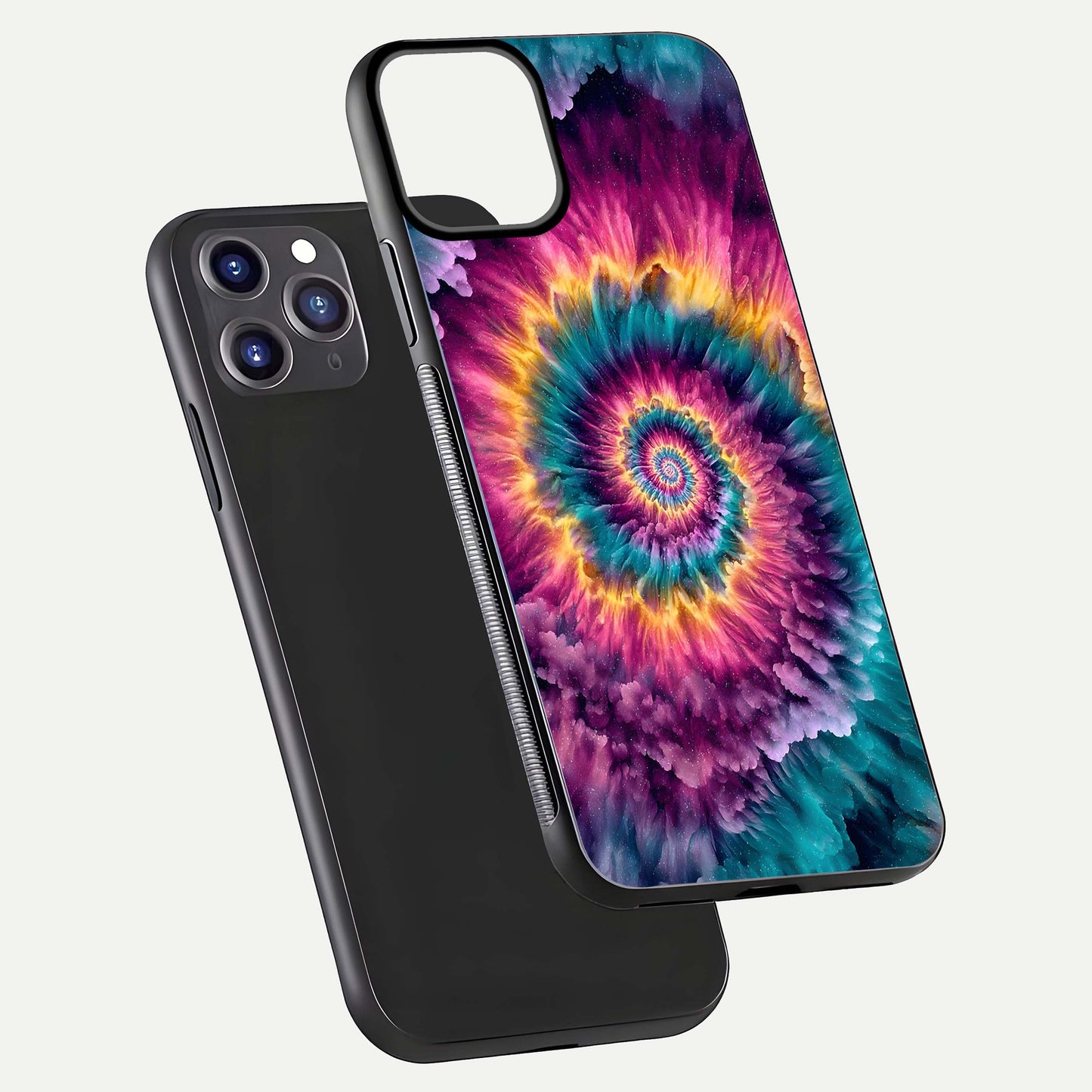 Galactic Spiral Burst Glass Case for iPhone 11 Pro Max front and back view layout highlighting cosmic swirl and curved edges