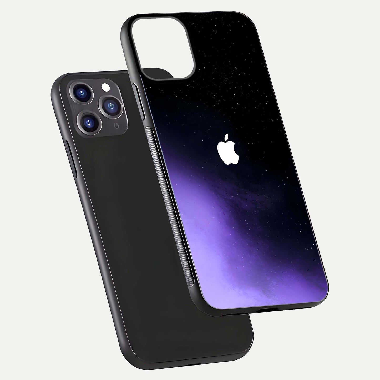 Galaxy Apple Aura Glass Case for iPhone 11 Pro Max front and back view layout displaying cosmic tones and premium curved glass edges