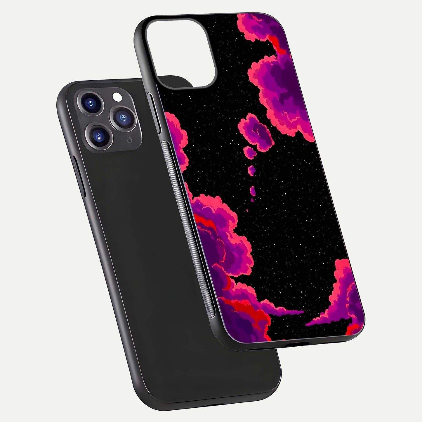 Galaxy Dream Frame Glass Case for iPhone 11 Pro Max front and back view layout highlighting cosmic design and smooth glass curvature