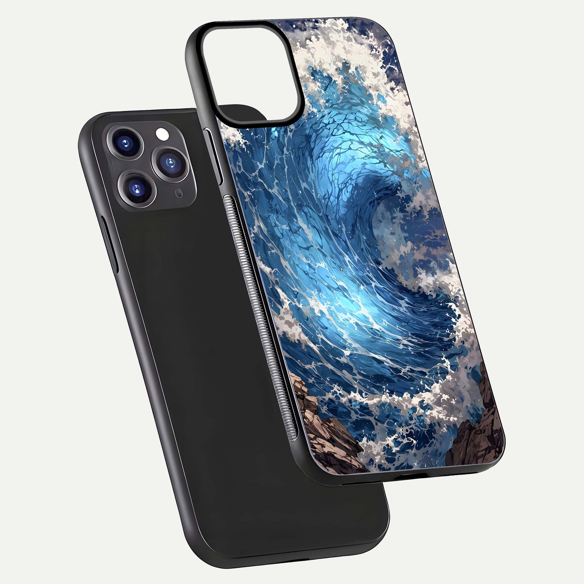 Giant Ocean Wave Glass Case for iPhone 11 Pro Max front and back view layout displaying sea tones and smooth curved edges