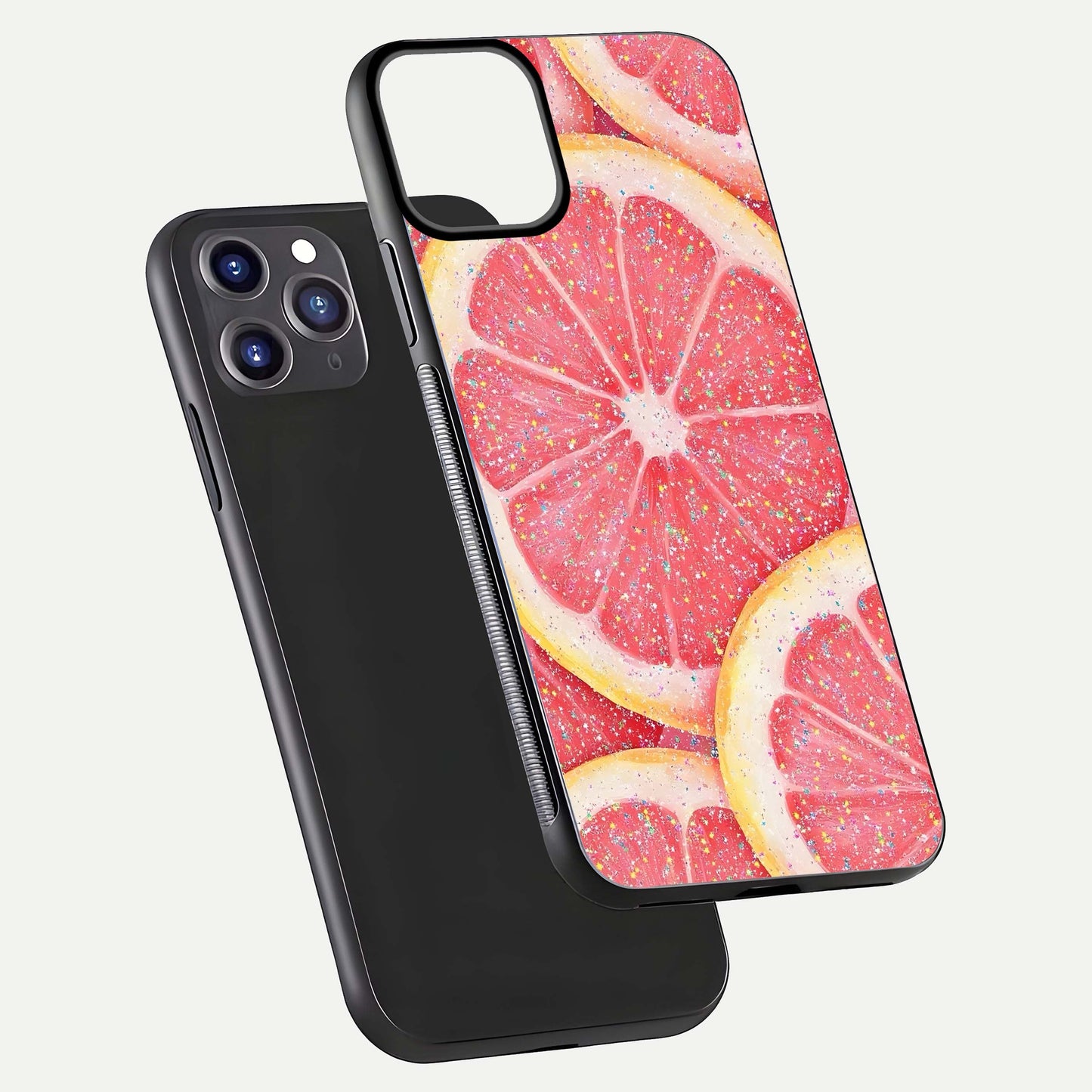 Glitter Grapefruit Glass Case for iPhone 11 Pro Max front and back view layout highlighting citrus hues and smooth glass