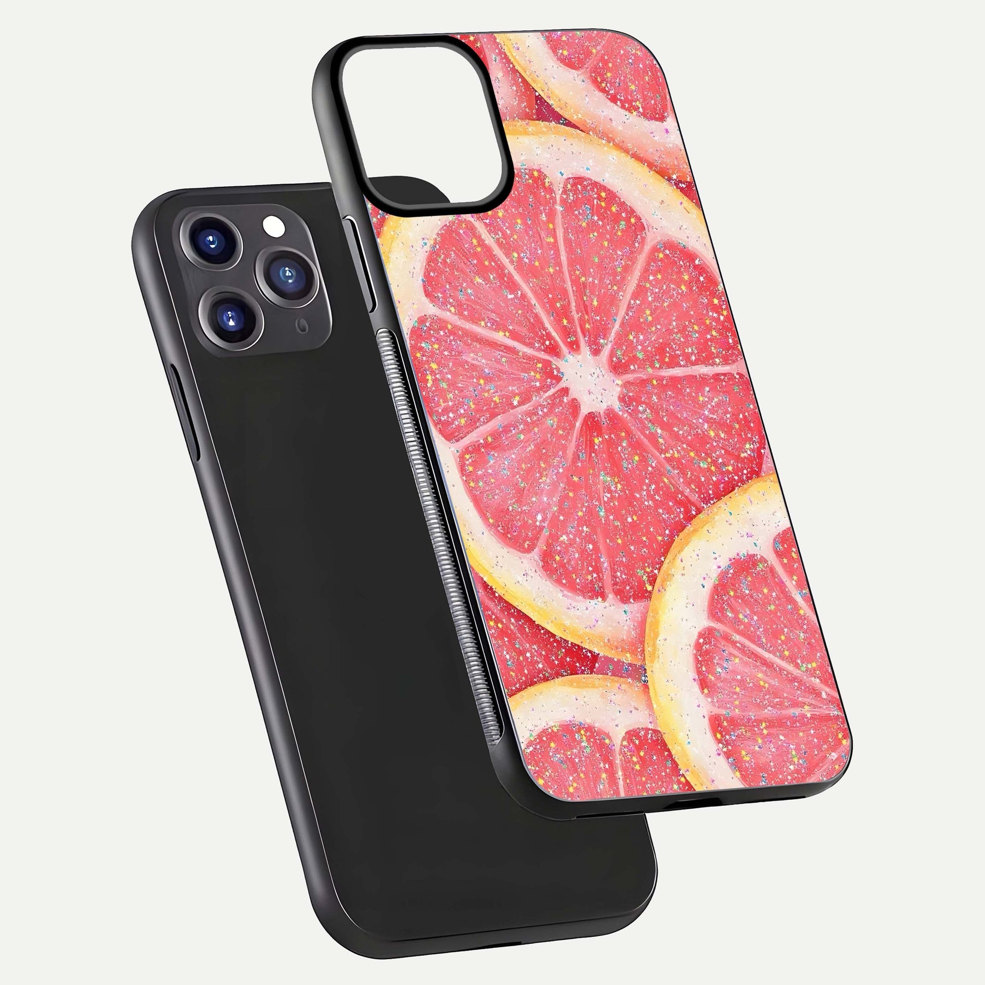 Glitter Grapefruit Glass Case for iPhone 11 Pro Max front and back view layout highlighting citrus hues and smooth glass