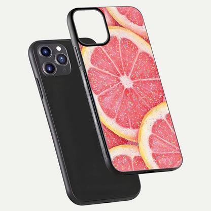 Glitter Grapefruit Glass Case for iPhone 11 Pro Max front and back view layout highlighting citrus hues and smooth glass