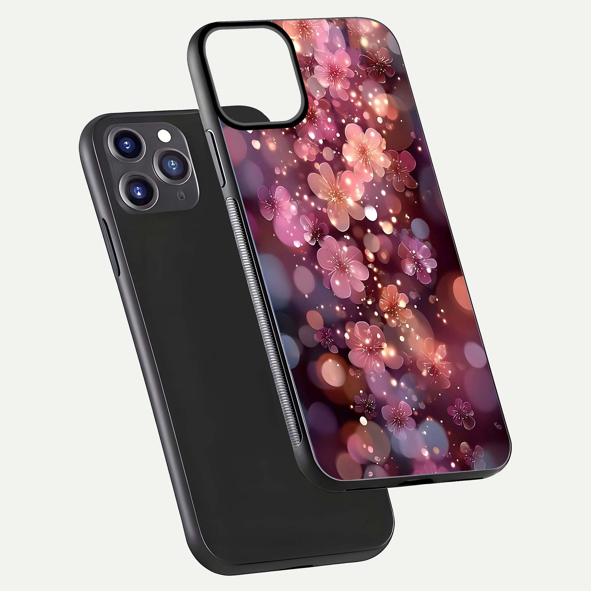 Glowing Petal Bliss Glass Case for iPhone 11 Pro Max front and back view layout displaying artistic floral design and curved glass