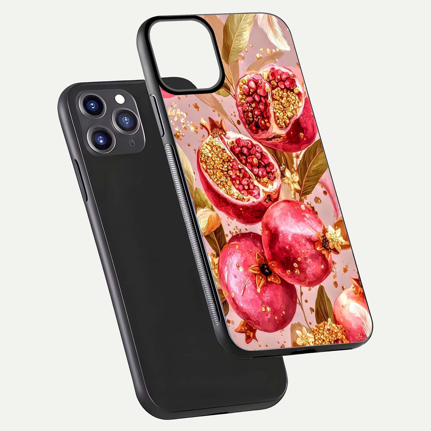 Golden Bloom Glow Glass Case for iPhone 11 Pro Max front and back view layout highlighting luxury floral pattern and curved edges