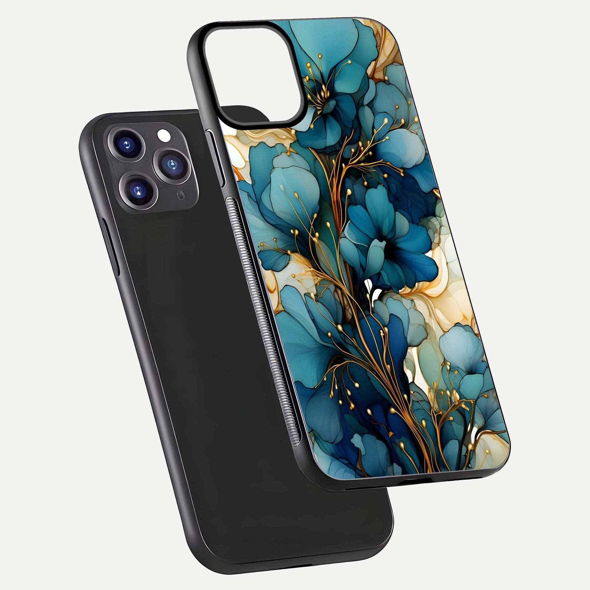 Golden Bloom Symphony Glass Case for iPhone 11 Pro Max front and back view layout highlighting rich floral tones and curved glass edges