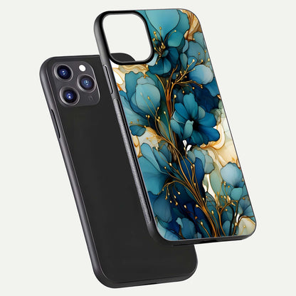 Golden Bloom Symphony Glass Case for iPhone 11 Pro Max front and back view layout highlighting rich floral tones and curved glass edges