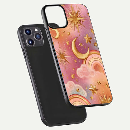 Golden Celestial Dreams Glass Case for iPhone 11 Pro Max front and back view layout highlighting celestial motifs and smooth curved edge