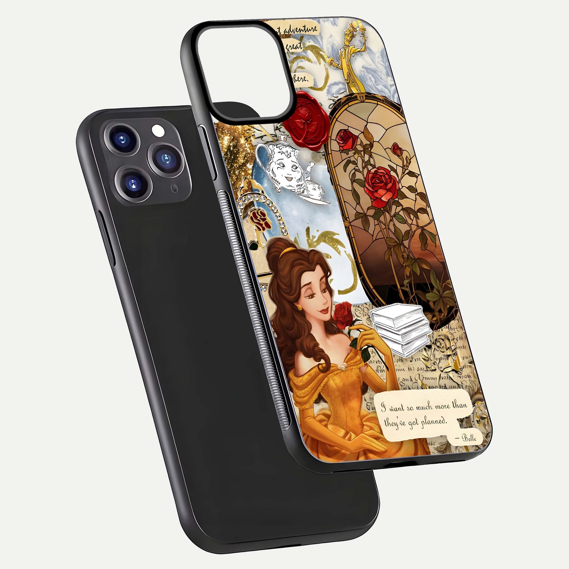 Golden Dream Belle Glass Case for iPhone 11 Pro Max front and back view layout displaying dreamy golden theme and smooth curvature