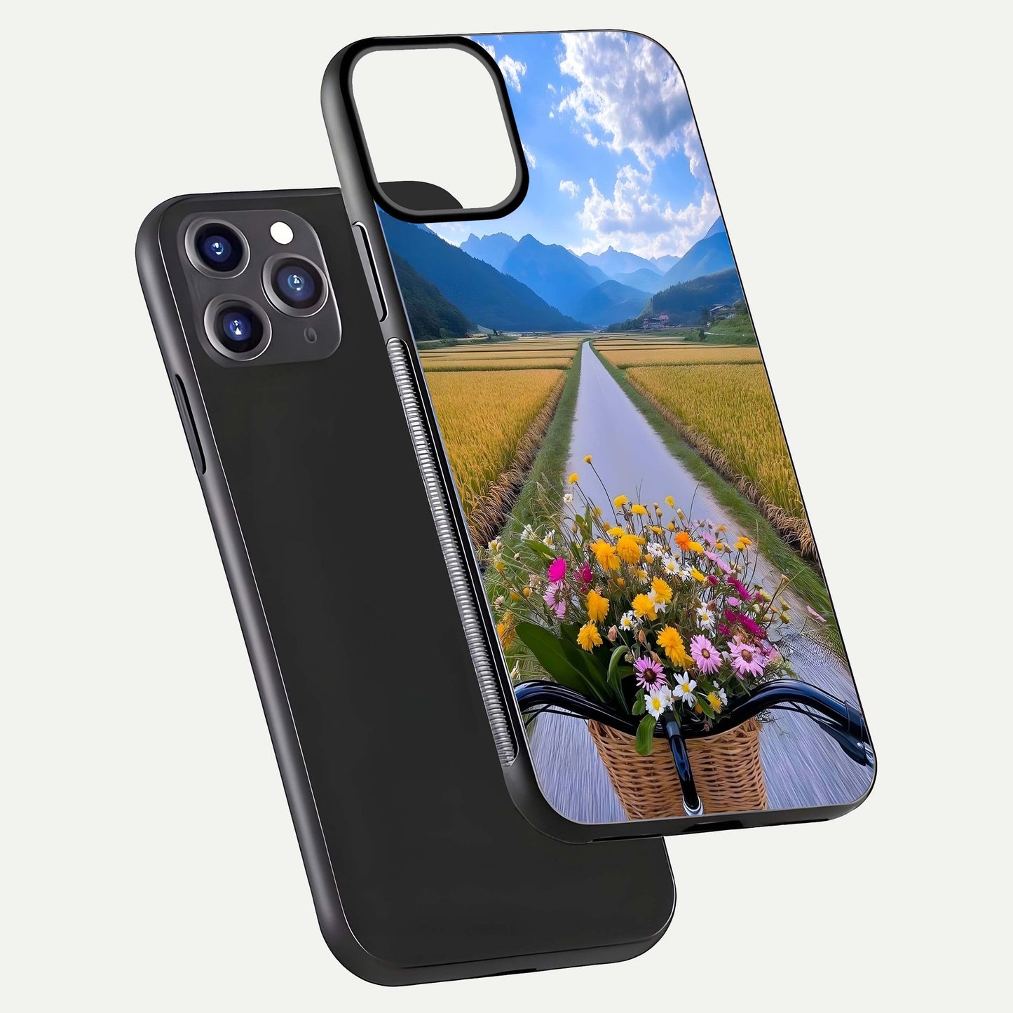 Golden Field Journey Glass Case for iPhone 11 Pro Max front and back view layout highlighting natural gradient and smooth glass finish