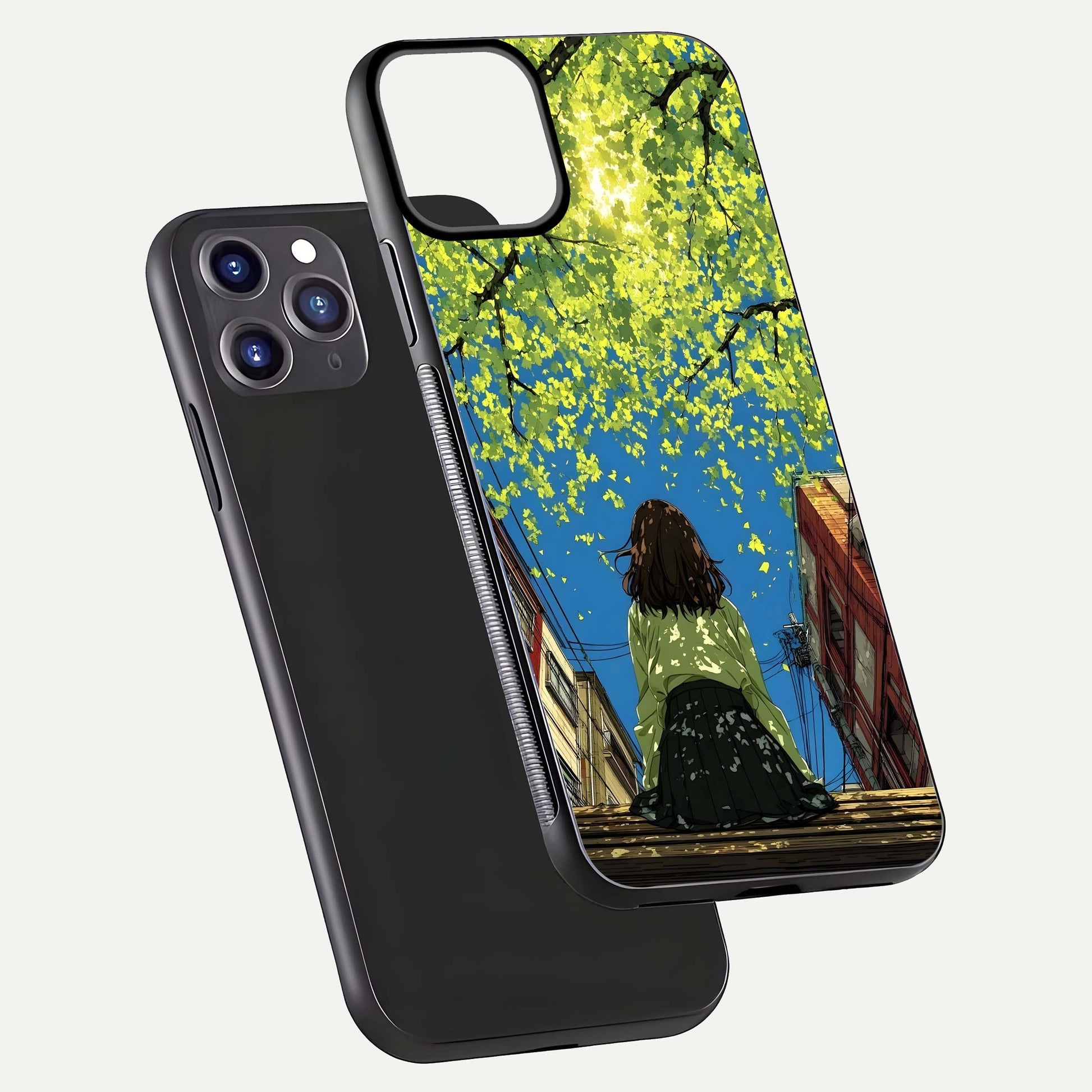 Golden Leaves Glow Glass Case for iPhone 11 Pro Max front and back view layout highlighting glowing tones and curved edges