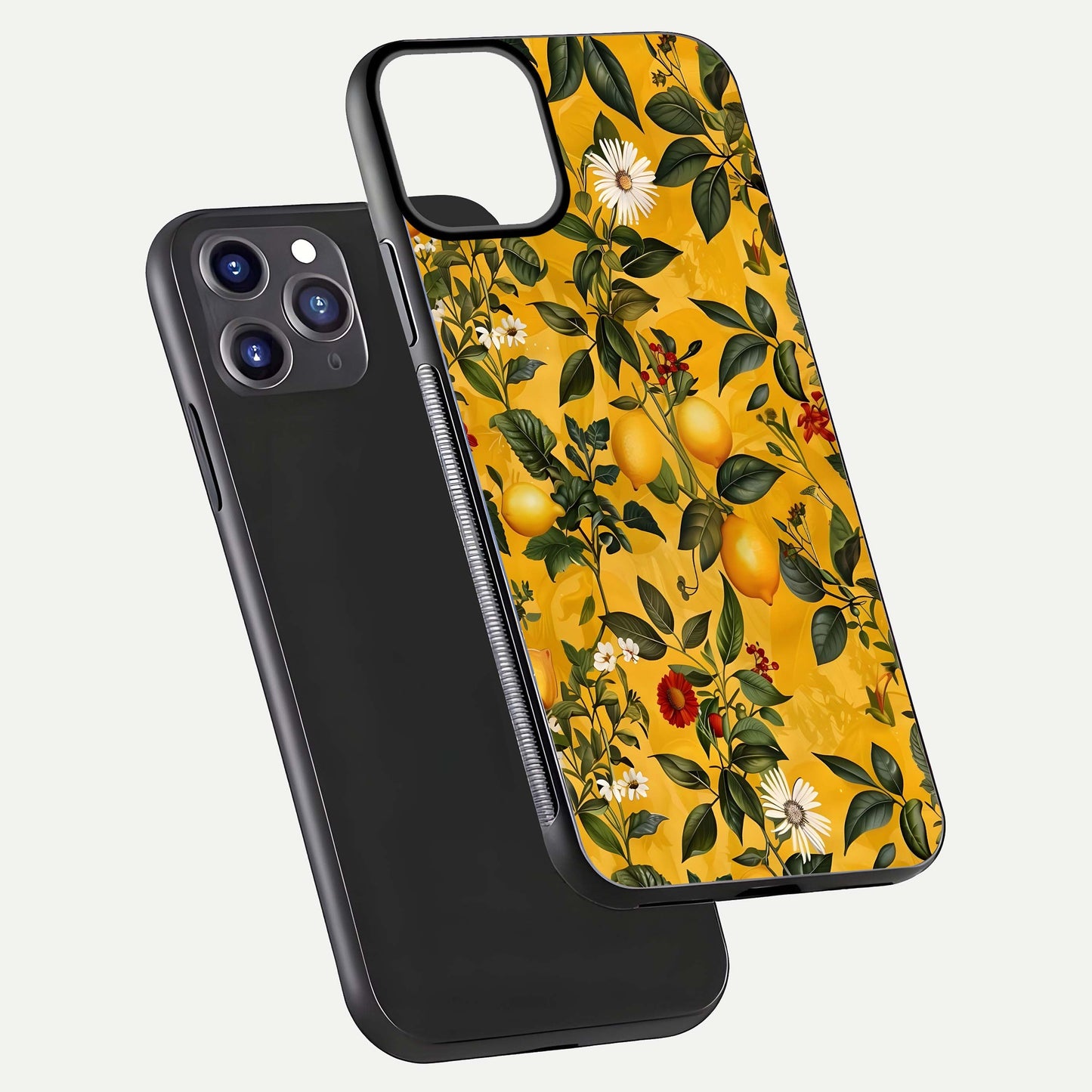 Golden Lemon Field Glass Case for iPhone 11 Pro Max front and back view layout highlighting fruity tones and curved glass edges