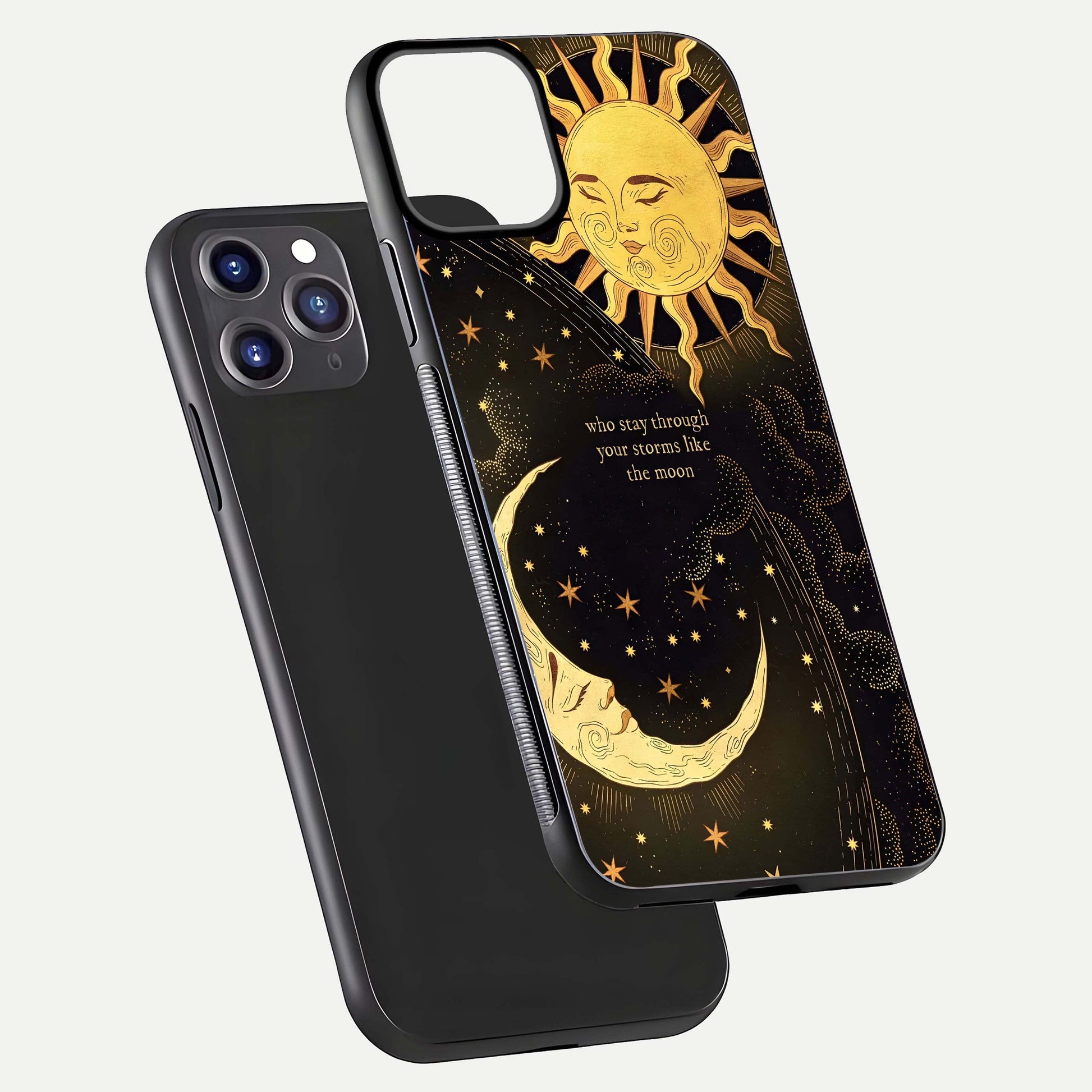 Golden Lunar Love Glass Case for iPhone 11 Pro Max front and back view layout highlighting celestial tones and curved edges